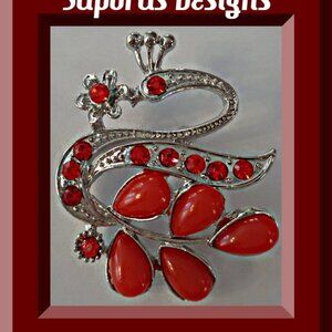 Silver Tone Swan Design Brooch With Red Crystals & Red Beads